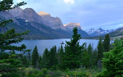 national park, mountains, glacier, evening, montana, the lake, usa