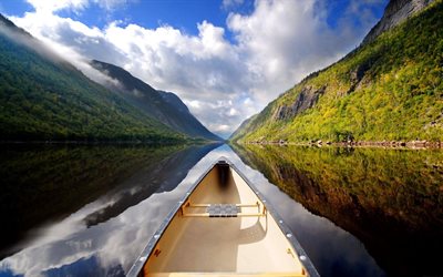 kanot, båt, dalgång, berg, flod, sommar