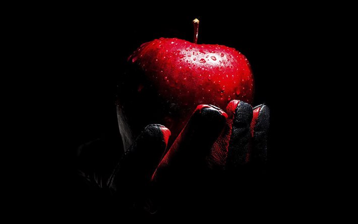 apple, hand, black background