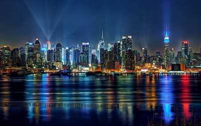 夜, 高層ビル群, ユニオンシティ, 新しいジャージー, 米国