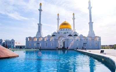 the mosque, summer, fountain, astana, kazakhstan