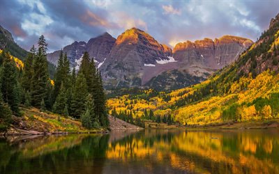 il lago, le montagne, autunno, foresta, usa, maroon bells, colorado, maroon lake