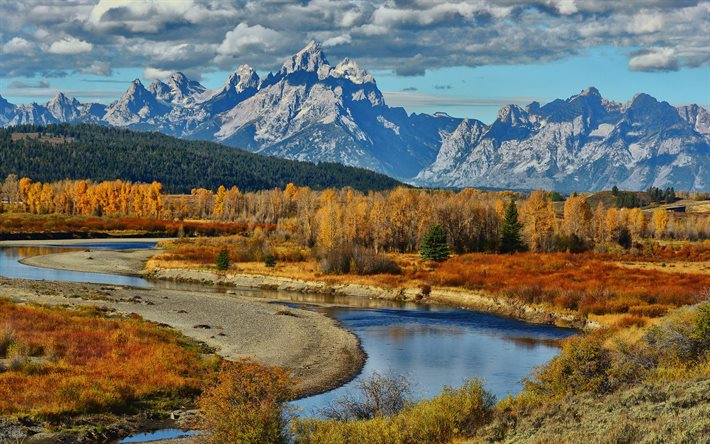 الجبال, نهر, الحديقة الوطنية, الخريف, جراند تيتون, الولايات المتحدة الأمريكية, وايومنغ