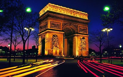 밤, arc de triomphe, 파리, 프랑스, 조명
