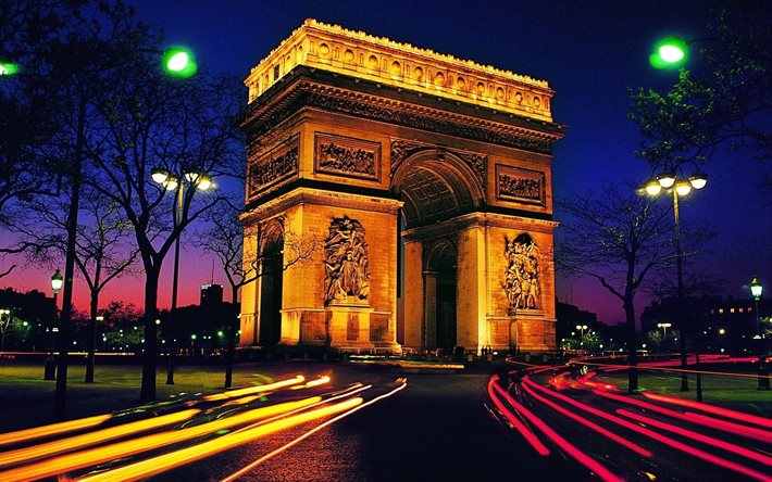 di notte, l'arc de triomphe, parigi, francia, luci
