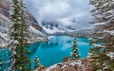 canada, alberta, banff, national park, morraine lake, mountain lake, fog, moraine lake