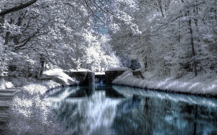 waterfall, winter, river, park, alley