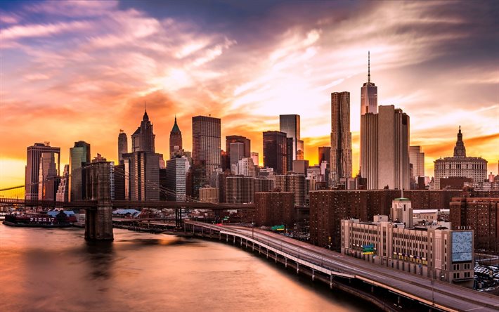 new york, usa, brooklyn bridge, sunset, evening