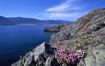 バイカル湖, 海岸, ロシア, 山々