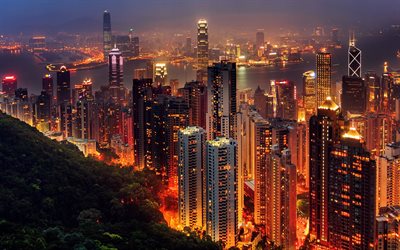 la noche de la ciudad, los rascacielos de hong kong, hong kong