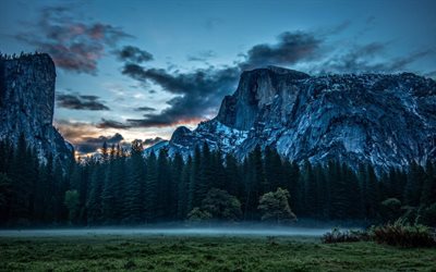 early in the morning, fog, national park, yosemite, mountains, usa