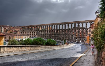 roman aqueduct, segovia, spain, architecture, street