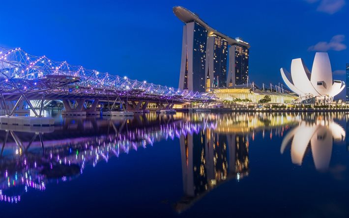 marina bay, de, noche, rascacielos, el puente, singapur