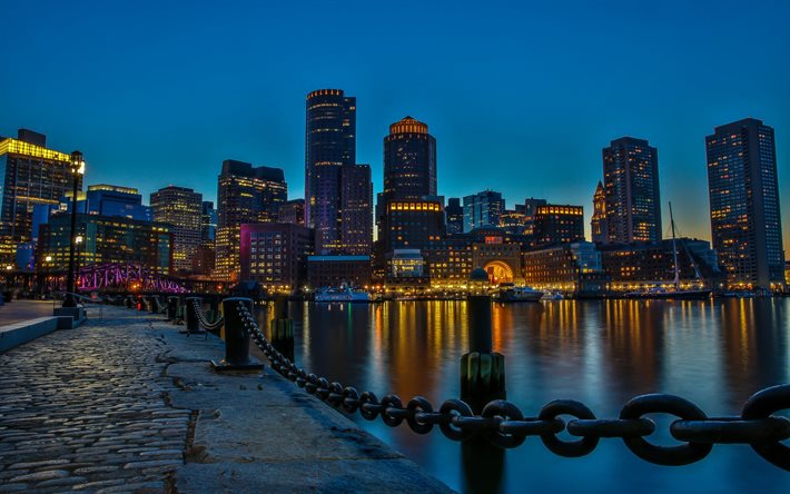 la noche de la ciudad, el paseo marítimo, boston, ma, estados unidos