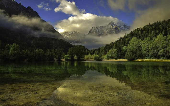 lago claro, montanhas, floresta, eslovênia, lago jasna, solvânia