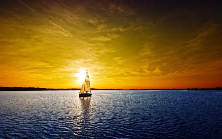 水平線, 帆船, 夕日, 湖