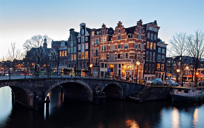 köprü, akşam şehir, amsterdam, Hollanda