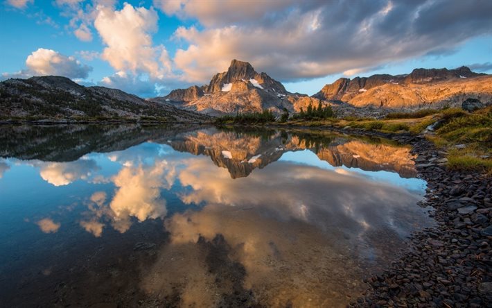 the lake, reflection, the sky, clouds, landscapes, rock