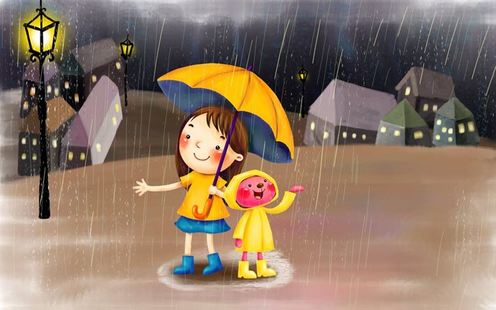los niños, la lluvia, la abstracción, el paraguas