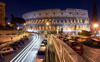 night, rome, the colosseum, italy