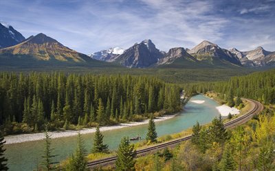the river bou, mountains, railway, canada, bow river