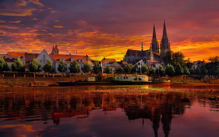 regensburg, germany, ciudad, río, puesta del sol