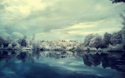 the lake, snow, winter, beautiful view