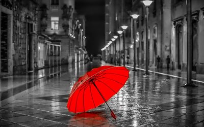 fundo preto e branco, rua, guarda-chuva vermelho