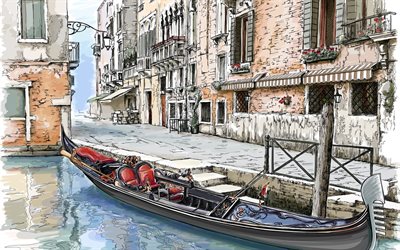 gondola, figure, venice, italy, painting