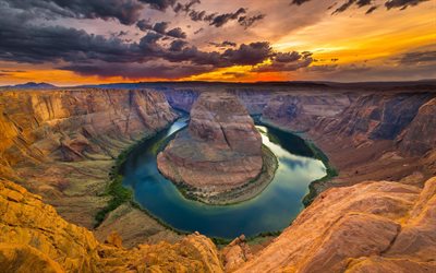 desierto, colorado, la curva del río, arizona, horseshoe bend, estados unidos, el rock, puesta de sol, la curva de la herradura