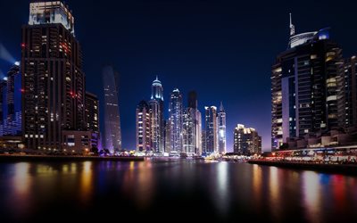 dubai, emiratos árabes unidos, bahía, puerto deportivo de dubái, a la noche