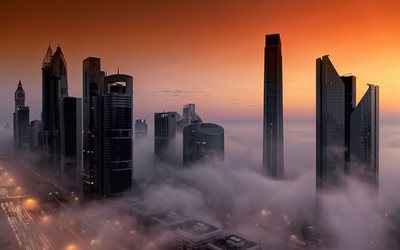 émirats arabes unis, dubaï, le gratte-ciel, coucher de soleil, brouillard