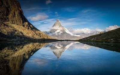 mountain lake, reflection, mountains, the matterhorn, alps, matterhorn