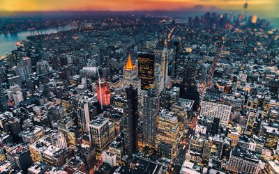 ऊंचाई से, न्यू यार्क, मैनहट्टन, संयुक्त राज्य अमेरिका, गगनचुंबी इमारतों, शाम