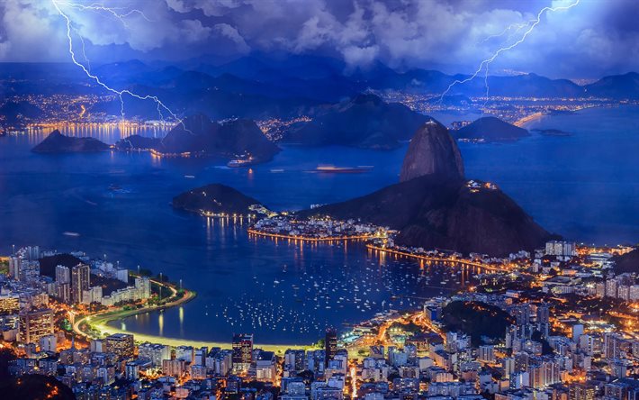 브라질, rio de janeiro, 폭풍, 개, 밤에 도시