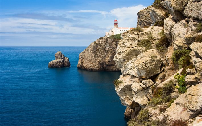 portugal, atlantic ocean, coast, lighthouse, rock