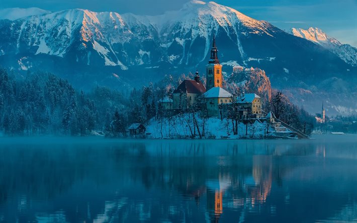 bled-järvi, slovenia, vuoret, talvi