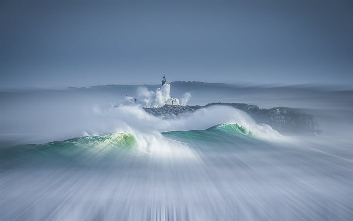 storm, sea, lighthouse, wave, spain