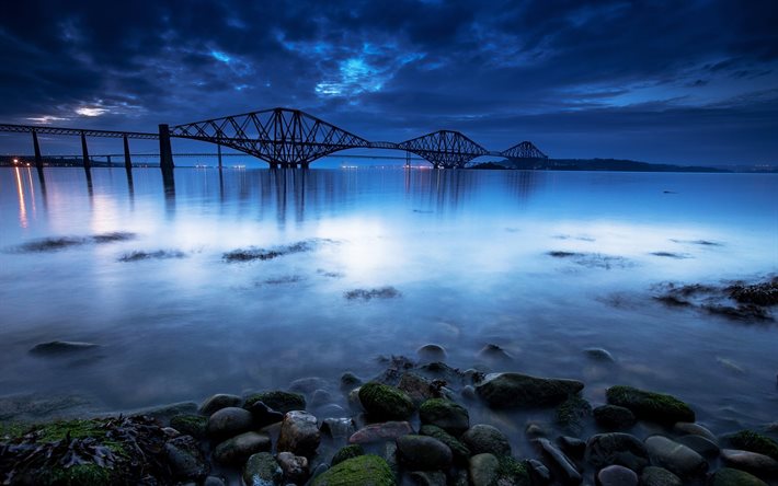 İskoçya, kale, köprü, demiryolu Köprüsü, gece, forth Köprüsü