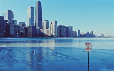 chicago, illinois, jäätynyt järvi, talvi, usa