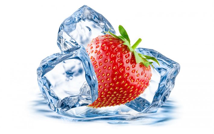 white background, ice, strawberry, macro