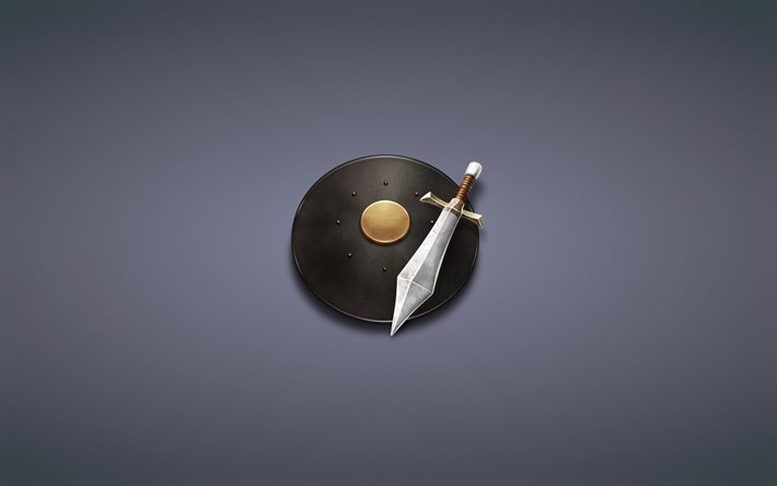 the sword, grey background, shield, minimalism