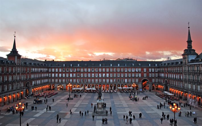 la plaza mayor de madrid, la plaza principal, en españa, la noche de la ciudad, plaza mayor, madrid