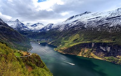 zatoka, geiranger fjord, पहाड़ों, नॉर्वे