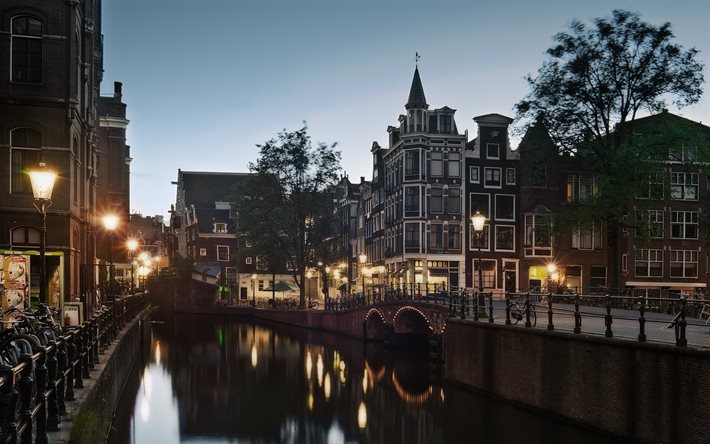 morgon, kanal, amsterdam, bron, holland
