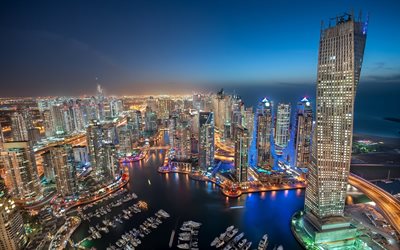 두바이 마리나, 두바이, uae, 밤, 고층 빌딩