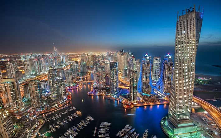 dubai marina, dubai, emirati arabi uniti, la notte, grattacieli
