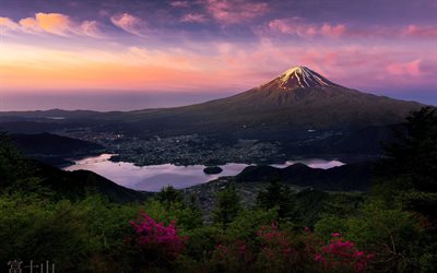 japan, ön honshu, stratovulkan, solnedgång, landskap