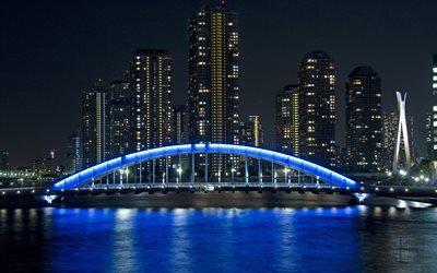 köprü, ışıklar, taiyo, gece, Japonya, eitai bridge, eokyo