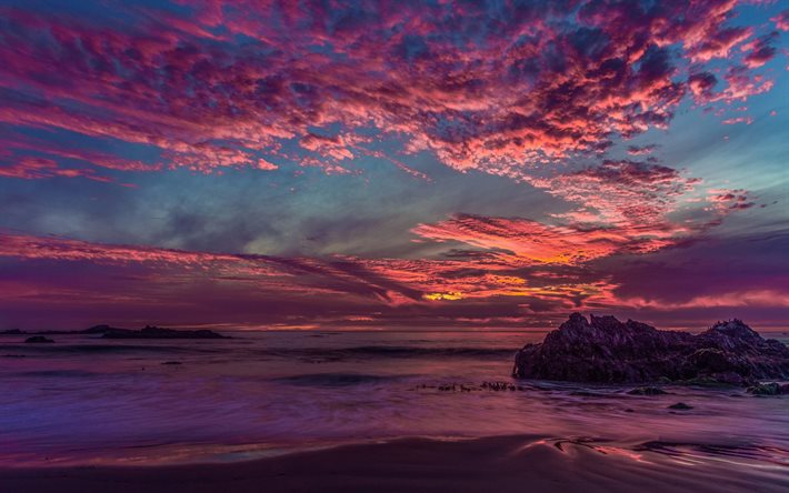 sunset, evening landscape, sea, coast, california, usa